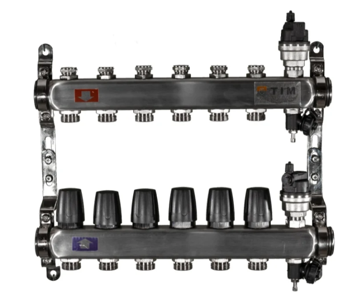 Коллекторная группа без расходомеров и кранов 1"-3/4", 6 хода , нерж, (КВАДРАТ) TIM