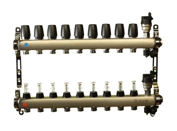 Коллектор из нержавеющей стали для теплого пола 1"-3/4", 9 контура TIM